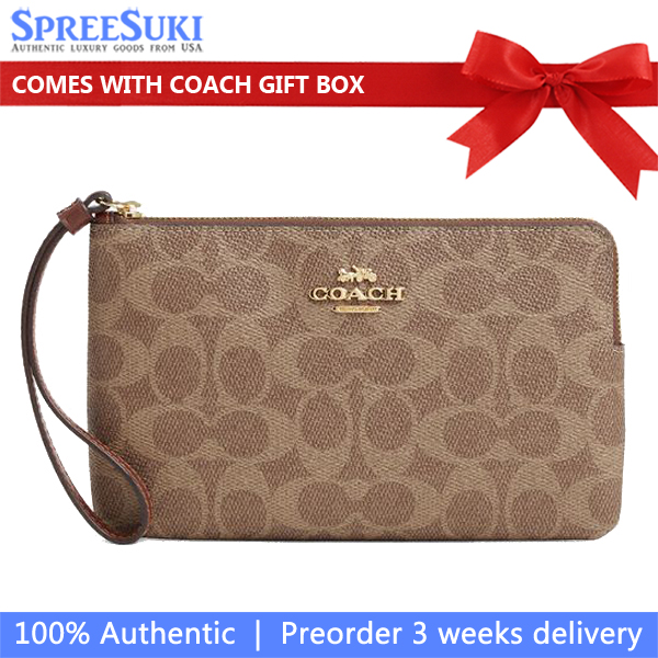 Coach Large Wristlet Large Corner Zip Signature Canvas Tan Brown # CZ277