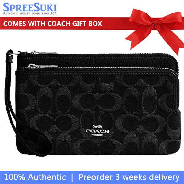 Coach Double Zip Wallet In Signature Denim Silver Black # CDN22