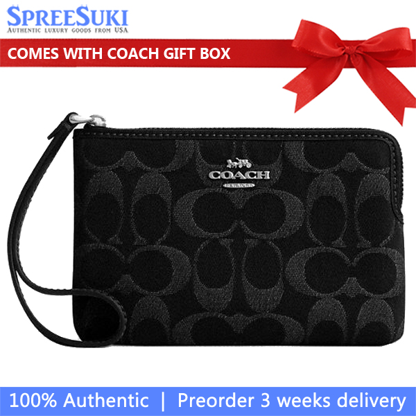 Coach Corner Zip Wristlet In Signature Denim Silver Black # CDF27