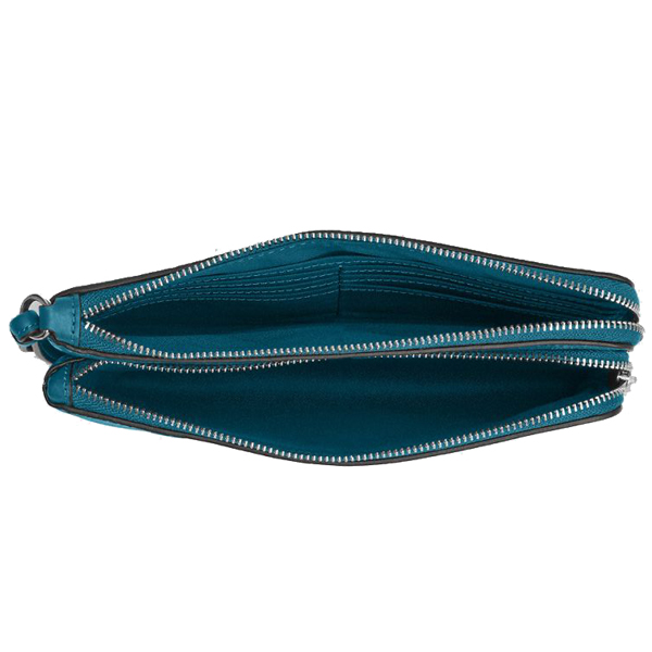 Coach Large Wristlet Double Zip Wallet Signature Canvas Silver Aquamarine Emerald Green # CX161