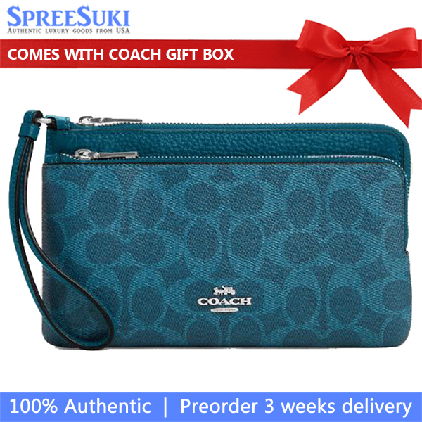 Coach Large Wristlet Double Zip Wallet Signature Canvas Silver Aquamarine Emerald Green # CX161
