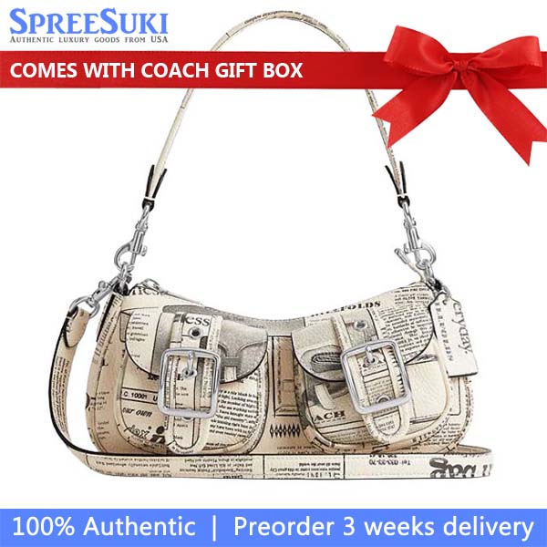 Coach Ashton Shoulder Bag With Newspaper Print Silver Chalk Multi White # CDC12