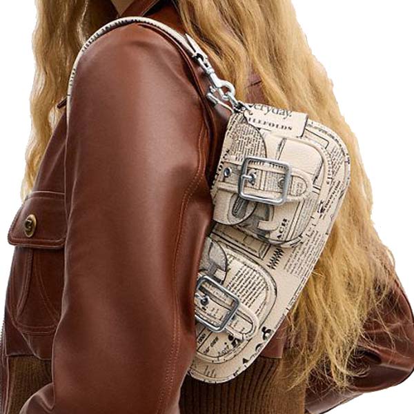 Coach Ashton Shoulder Bag With Newspaper Print Silver Chalk Multi White # CDC12
