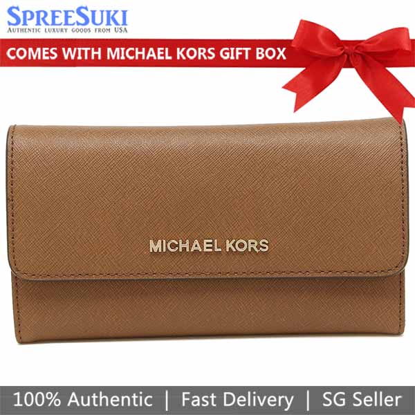 Michael Kors Long Wallet Jet Set Travel Crossgrain Leather Tri-Fold Wallet Luggage Brown # 35S8GTVF7L