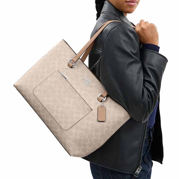 Coach Station Tote Bag In Signature Canvas Silver Sand Taupe Beige # CCD69