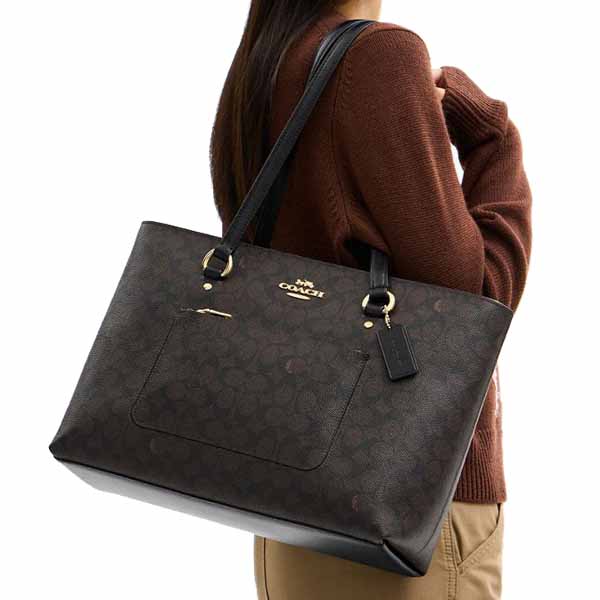Coach Station Tote Bag In Signature Canvas Walnut Black # CCD69
