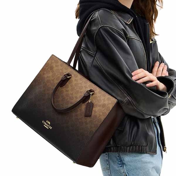 Coach Maggie Tote Bag In Ombre Signature Canvas Brown Dark Brown # CDY26