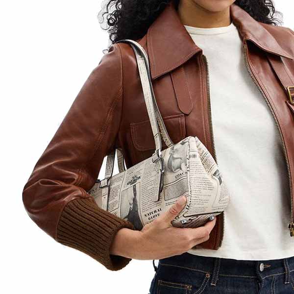 Coach Asher Shoulder Bag With Newspaper Print Silver Chalk Multi White # CDC11