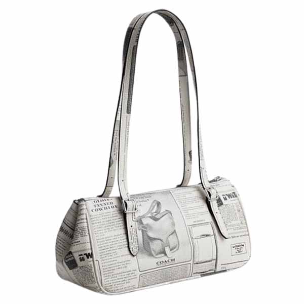 Coach Asher Shoulder Bag With Newspaper Print Silver Chalk Multi White # CDC11