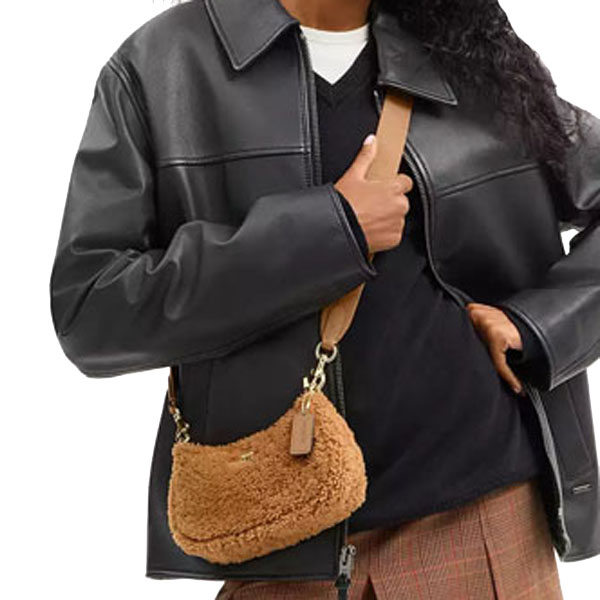 Coach Teri Mini Crossbody Bag In Shearling Dark Natural Honey Brown # CDA84
