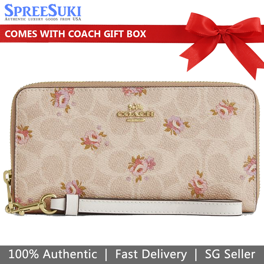 Coach Long Zip Around Wallet In Signature Canvas With Floral Print Sand Multi Beige # CAR06