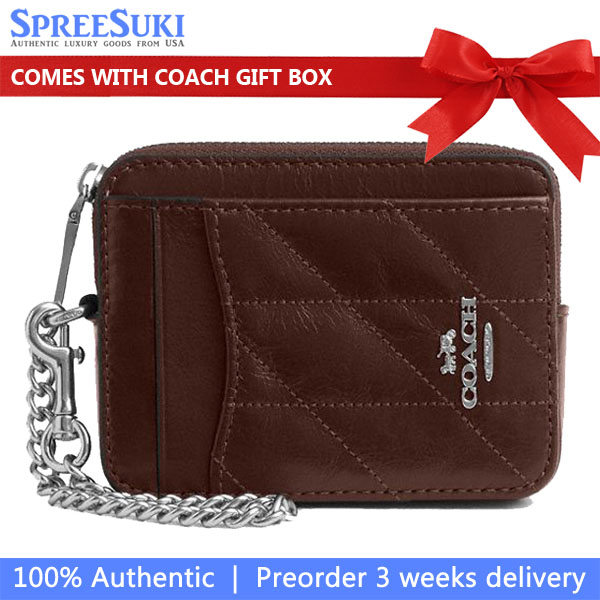 Coach Zip Card Case With Quilting Silver Maple Dark Red # CEC51