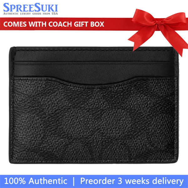 Coach Card Case With Money Clip In Signature Canvas Gunmetal Charcoal Black # CCF98
