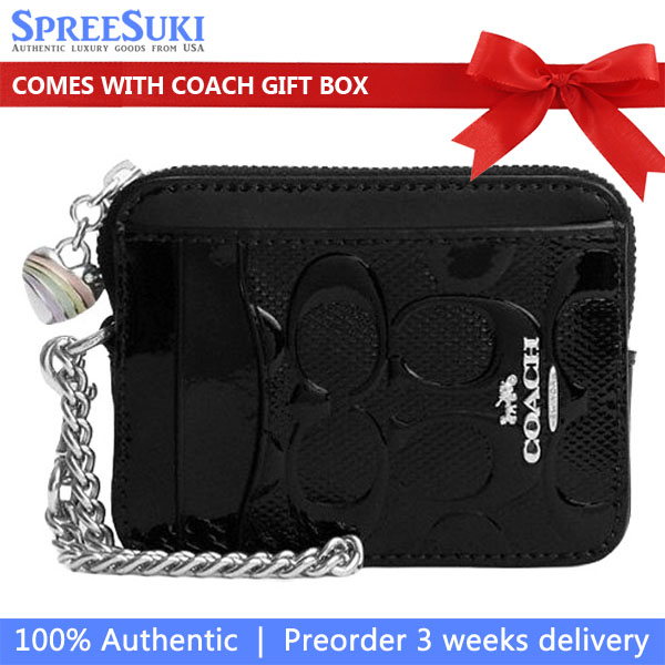 Coach Zip Card Case In Signature Leather With Heart Charm Silver Black # CDY73
