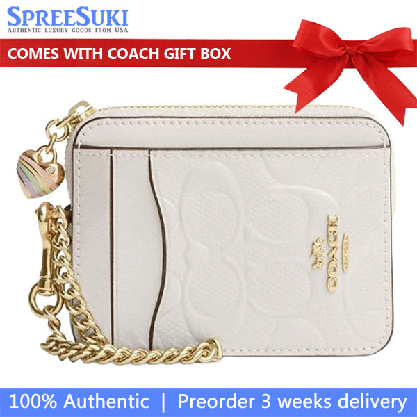 Coach Zip Card Case In Signature Leather With Heart Charm Chalk White # CDQ15