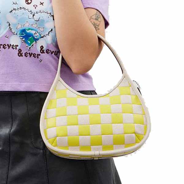 Coach Ergo Bag In Checkerboard Upcrafted Leather Bright Yellow Chalk Off White # CK535