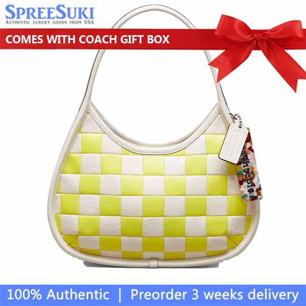 Coach Ergo Bag In Checkerboard Upcrafted Leather Bright Yellow Chalk Off White # CK535