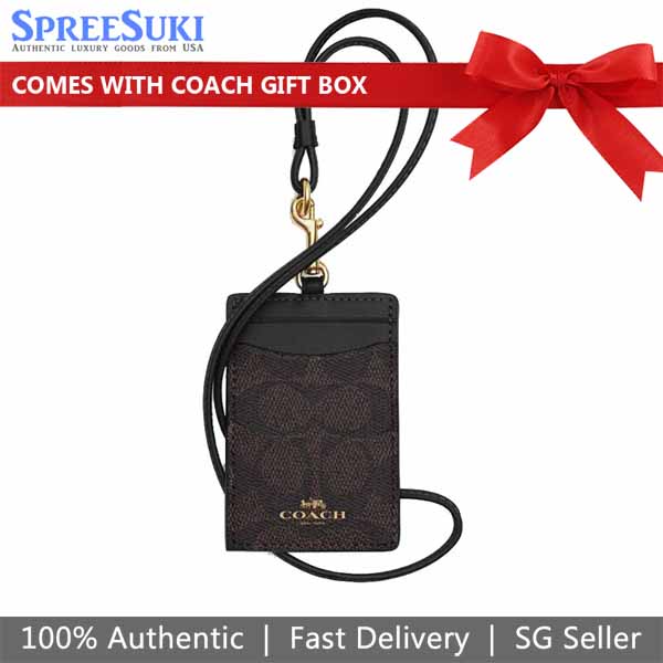 Coach Lanyard Id Signature Canvas Card Holder Card Case Card Holder Walnut Black Dark Brown # CZ285