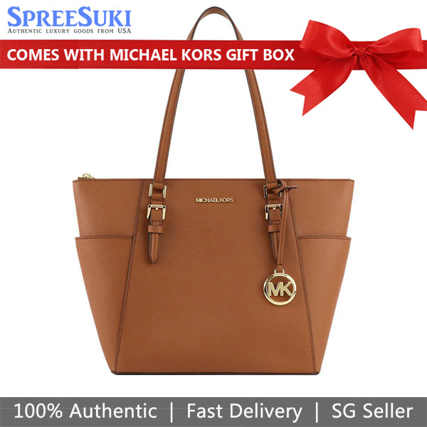 Michael Kors Tote Shoulder Bag Tote Charlotte Leather Large Top Zip Tote Luggage Brown # 35T0GCFT7L