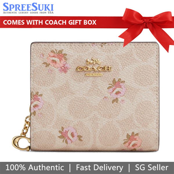 Coach Snap Wallet In Signature Canvas With Floral Print Sand Multi Beige # CAR14