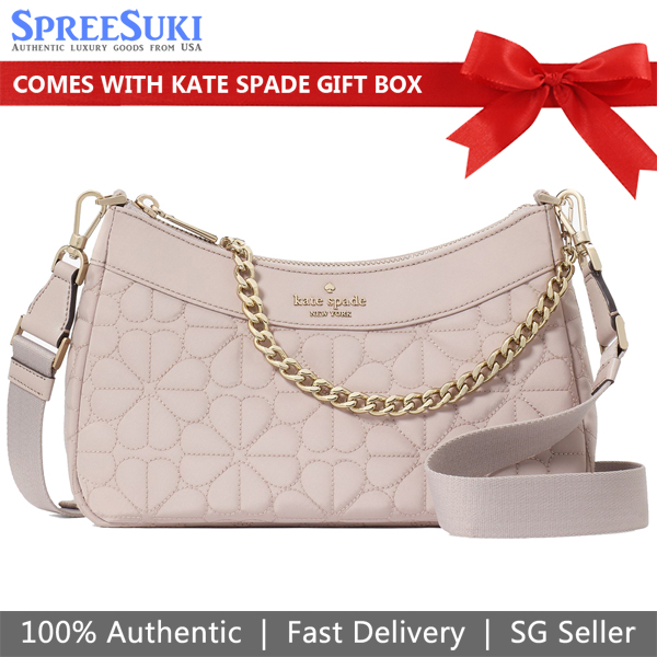 Kate Spade Crossbody Sling Bag Spade Flower Quilted Fabric Convertible Crossbody Cozy Grey Light Brown # KK077