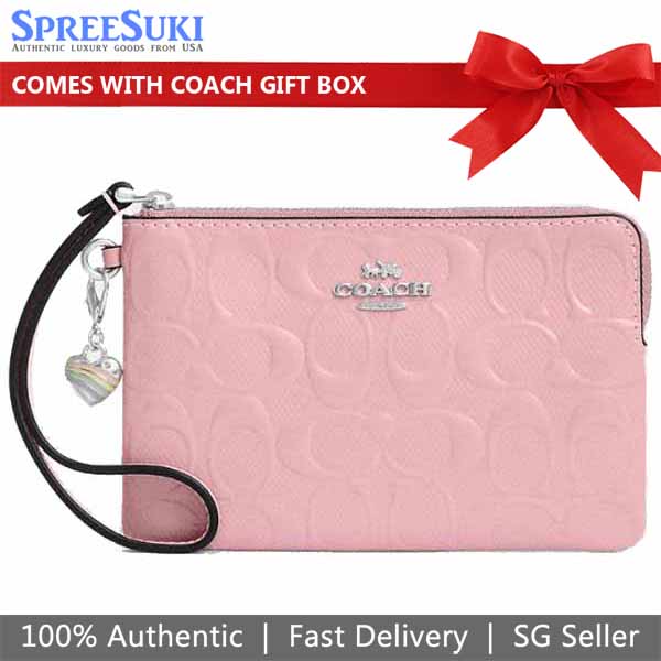Coach Corner Zip Wristlet In Signature Leather With Heart Charm Silver Pink Light pink # CDF04