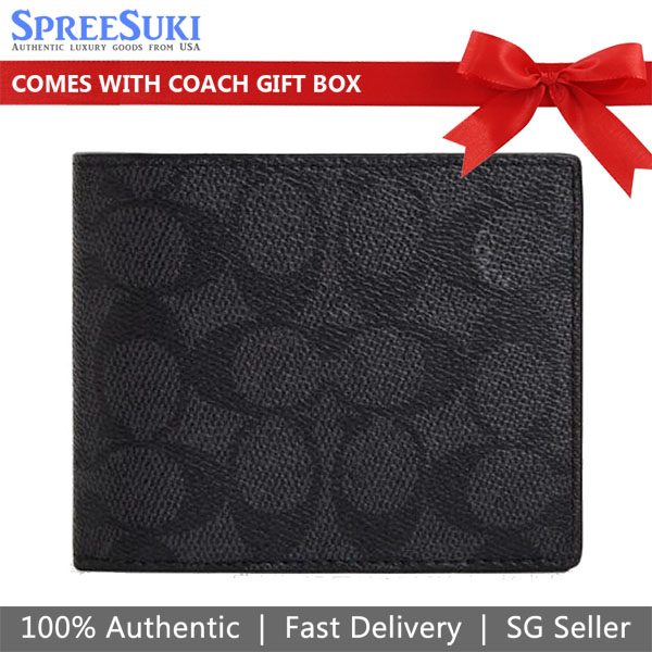 Coach Men Compact Id Wallet In Signature Charcoal Black # CW380D1