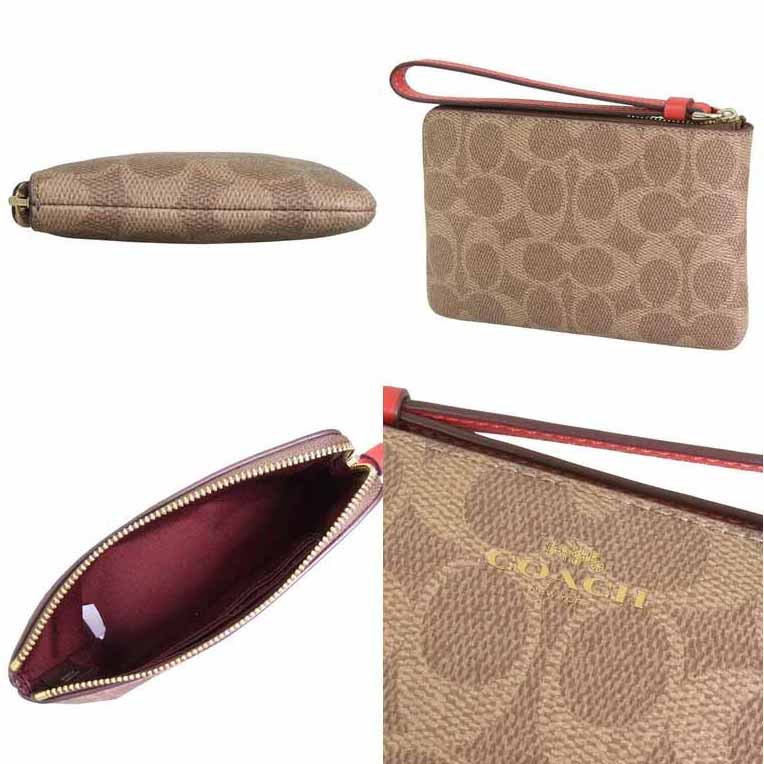 Coach Corner Zip Wristlet In Signature Canvas Tan Carnation # CAQ75