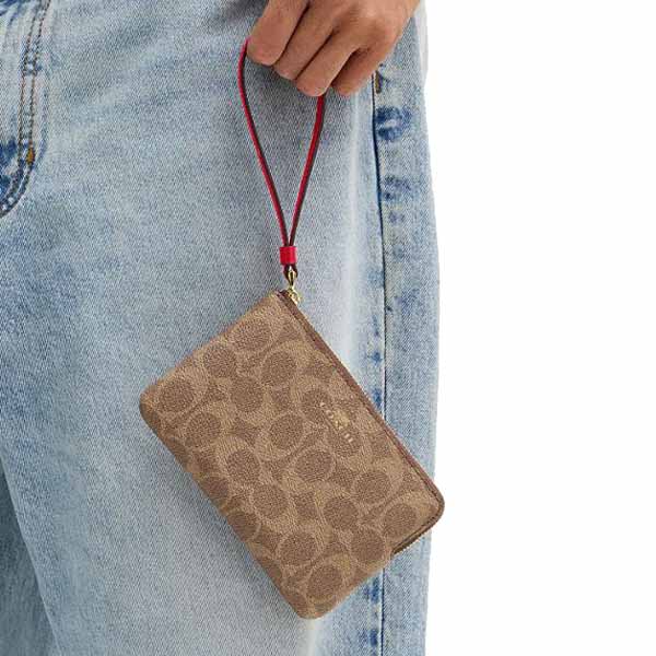 Coach Corner Zip Wristlet In Signature Canvas Tan Carnation # CAQ75