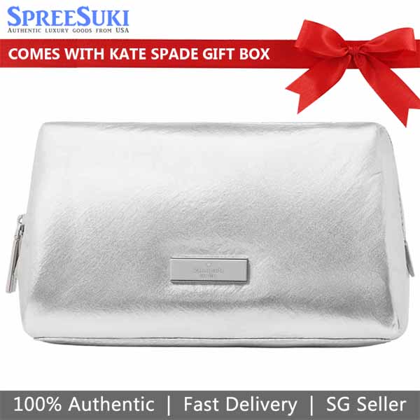 Kate Spade Carter Metallic Cosmetic Pouch Makeup Bag Silver # KM591
