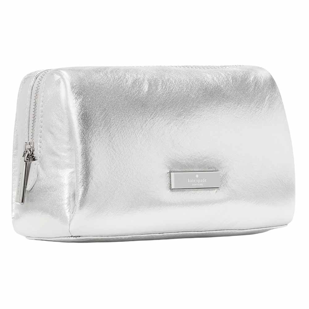 Kate Spade Carter Metallic Cosmetic Pouch Makeup Bag Silver # KM591