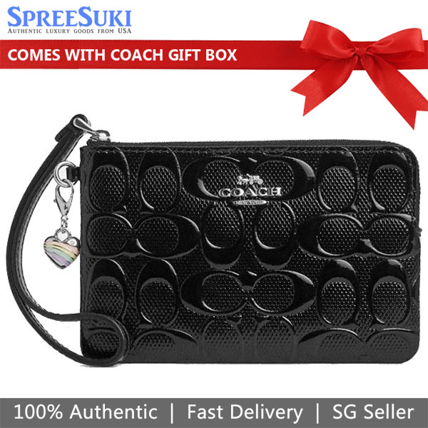 Coach Corner Zip Wristlet In Signature Leather With Heart Charm Silver Black # CDY96