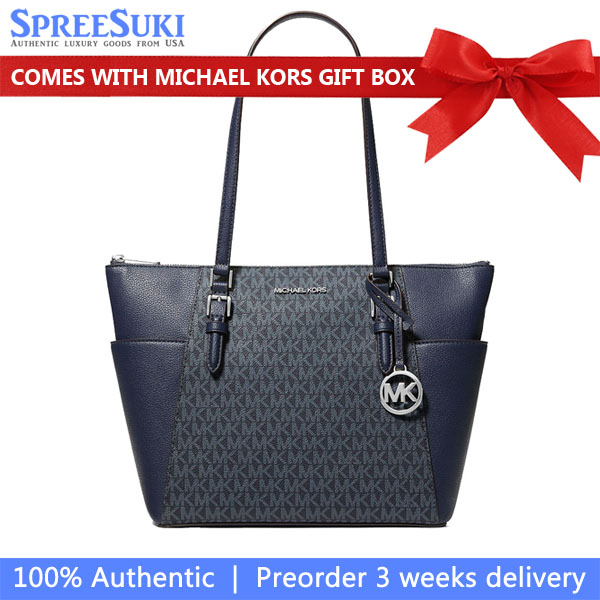 Michael Kors Charlotte Large Logo And Leather Top-Zip Tote Bag Admiral Navy # 35T0SCFT3B