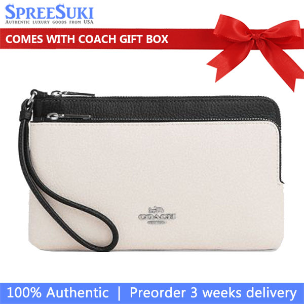 Coach Large Wristlet Contrast Double Zip Wallet Chalk Black Off White # CU921