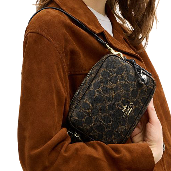 Coach Mini Carey Crossbody Bag In Loved Signature Canvas Brown Dark Brown # CEK73