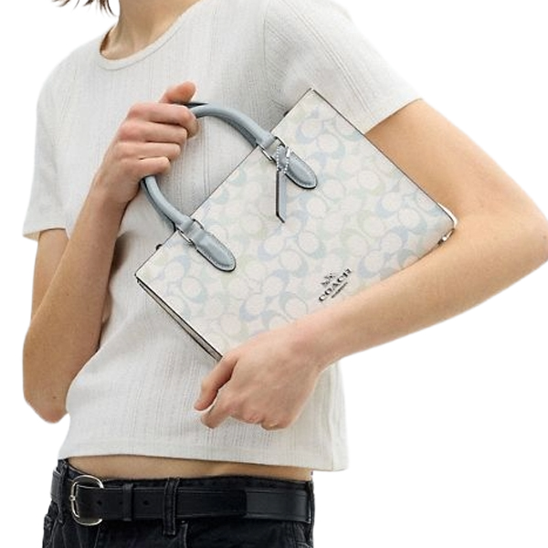 Coach Maggie Small Tote Bag In Signature Canvas Silver Chalk Blue White # CDZ08