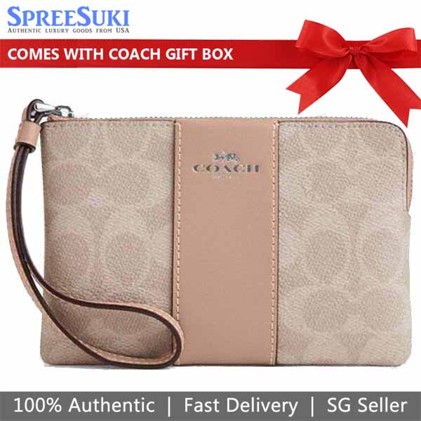 Coach Small Wristlet Corner Zip Signature Leather Stripe Sand Taupe Beige # CW854