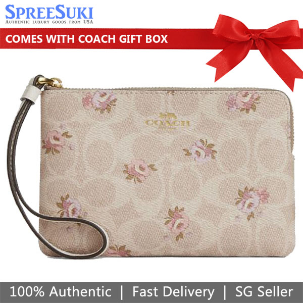 Coach Corner Zip Wristlet In Signature Canvas With Floral Print Sand Multi Beige # CAR20