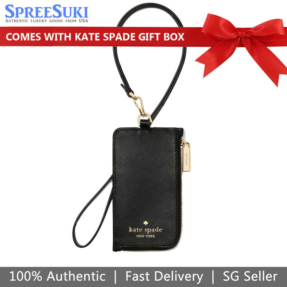 Kate Spade Saffiano Leather Card Case Lanyard Black Black # KN779