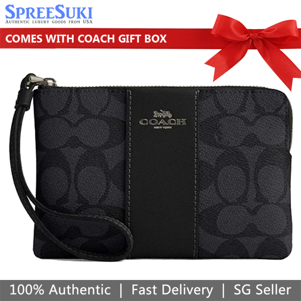 Coach Small Wristlet Corner Zip Wristlet In Signature Canvas With Stripe Gunmetal Charcoal Black # CW854
