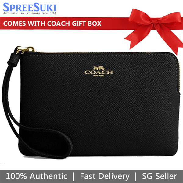 Coach Small Wristlet Crossgrain Leather Corner Zip Black # CV396