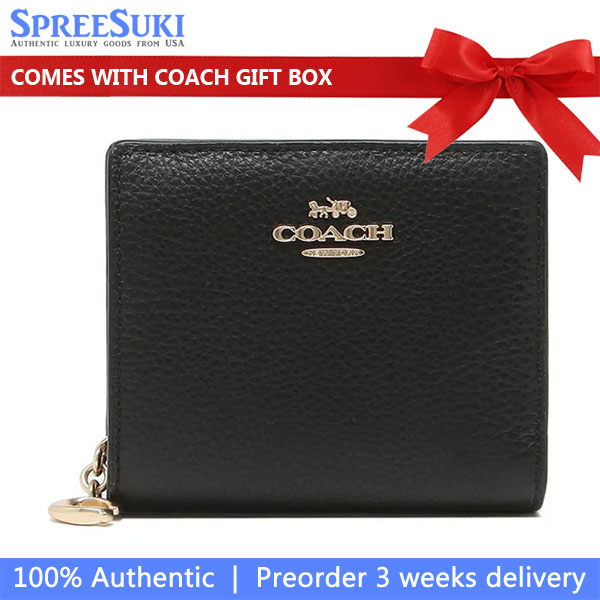Coach Small Wallet Pebble Leather Snap Wallet Black # C2862