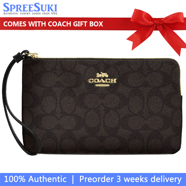 Coach Large Wristlet Large Corner Zip Signature Canvas Walnut Black Dark Brown # CZ277