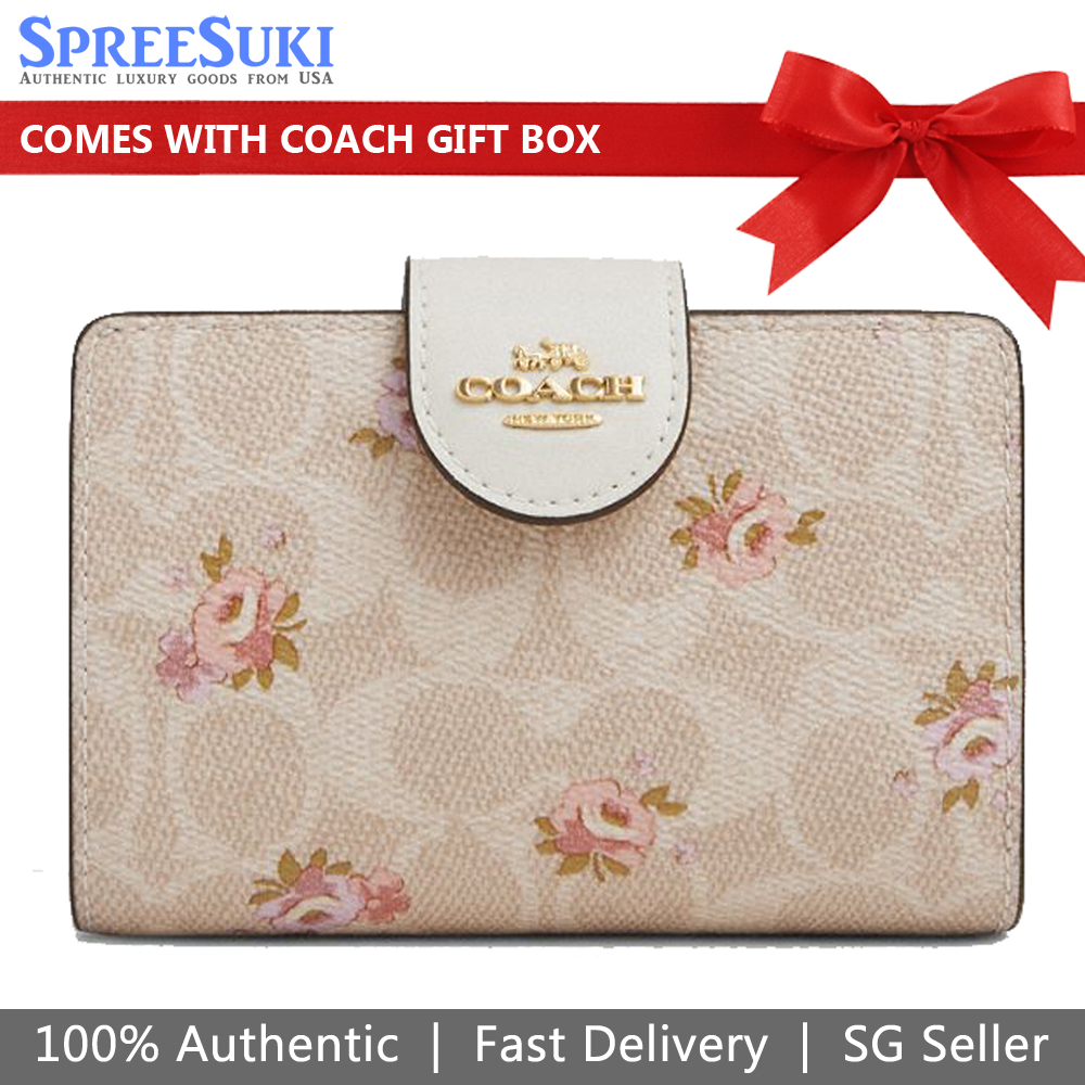 Coach Medium Corner Zip Wallet In Signature Canvas With Floral Print Sand Multi Beige # CAR13