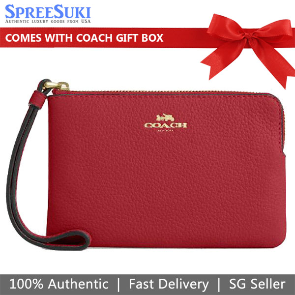 Coach Small Wristlet Pebbled Leather Corner Zip Wristlet True Red # CP483