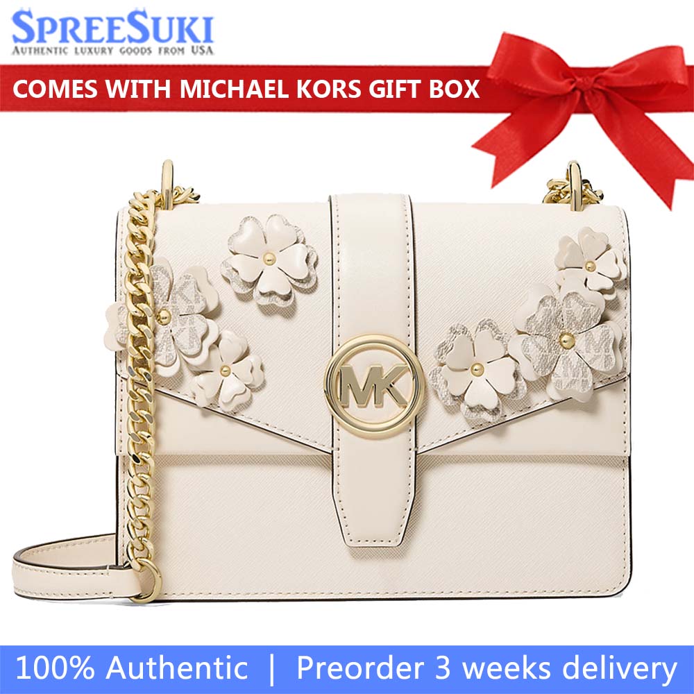 Michael Kors Greenwich Small Embellished Signature Logo Trim Crossbody Bag Light Cream Multi # 35S6GGRC1L