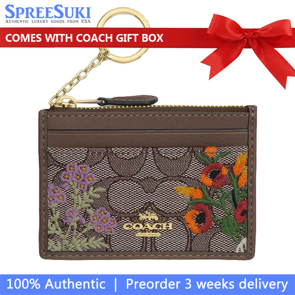 Coach Mini Skinny Id Case In Signature Jacquard With Floral Embroidery Oak Multi Brown # CEL83