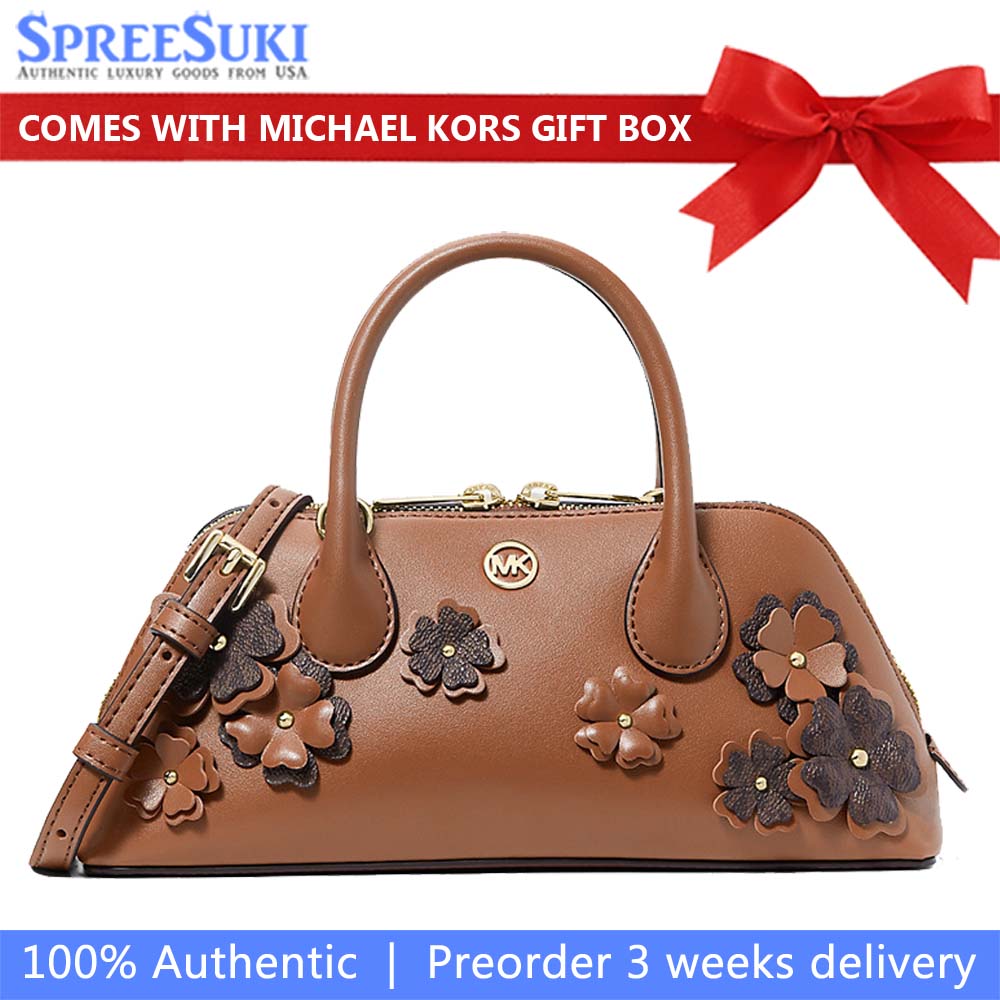 Michael Kors Petra Small Signature Logo Floral Embellished Crossbody Bag Luggage Brown # 35S6G2PC5V