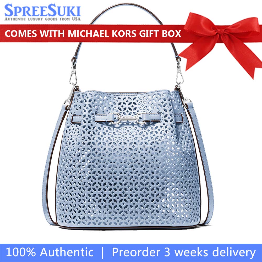 Michael Kors Carson Small Floral Laser Cut Bucket Crossbody Bag Pale Ocean Blue # 35S6S2ZC1Y