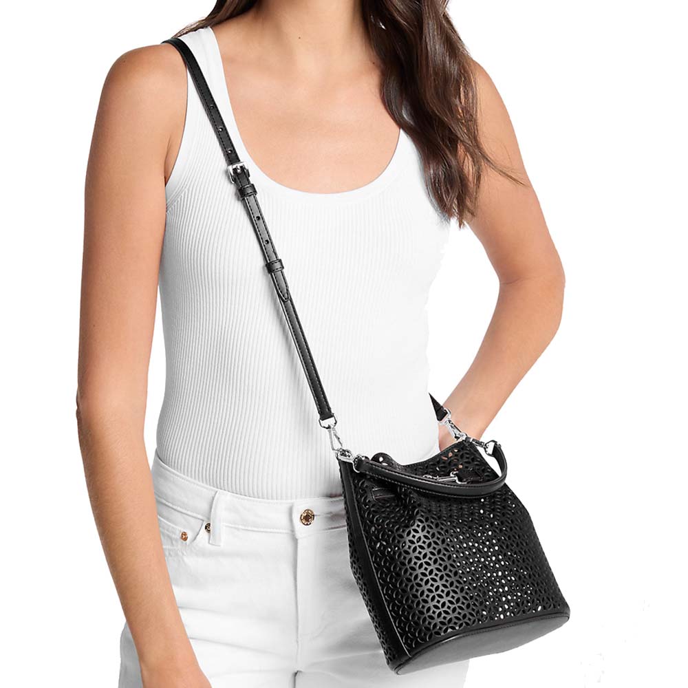 Michael Kors Carson Small Floral Laser Cut Bucket Crossbody Bag Black # 35S6S2ZC1Y